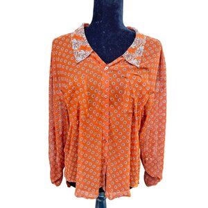 Free People Women's Orange Paisley Long Sleeve Blouse Size Small